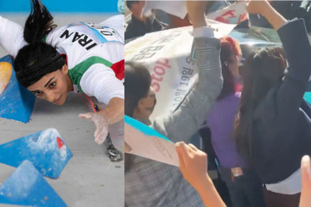 Koreyalılar İran səfirliyi qarşısında yarışa hicabsız çıxan qadına görə aksiya keçiriblər - VİDEO